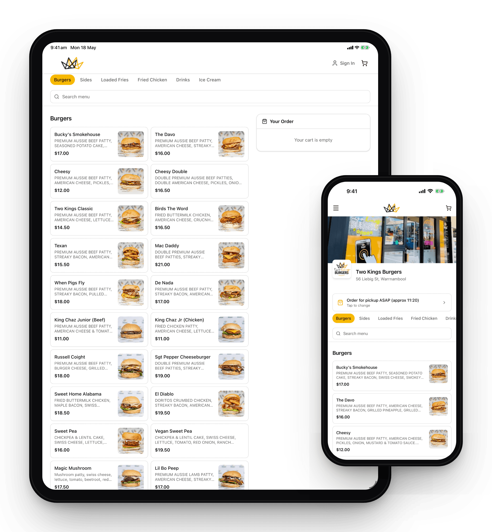 Two Kings Burgers branded online ordering on a tablet and phone