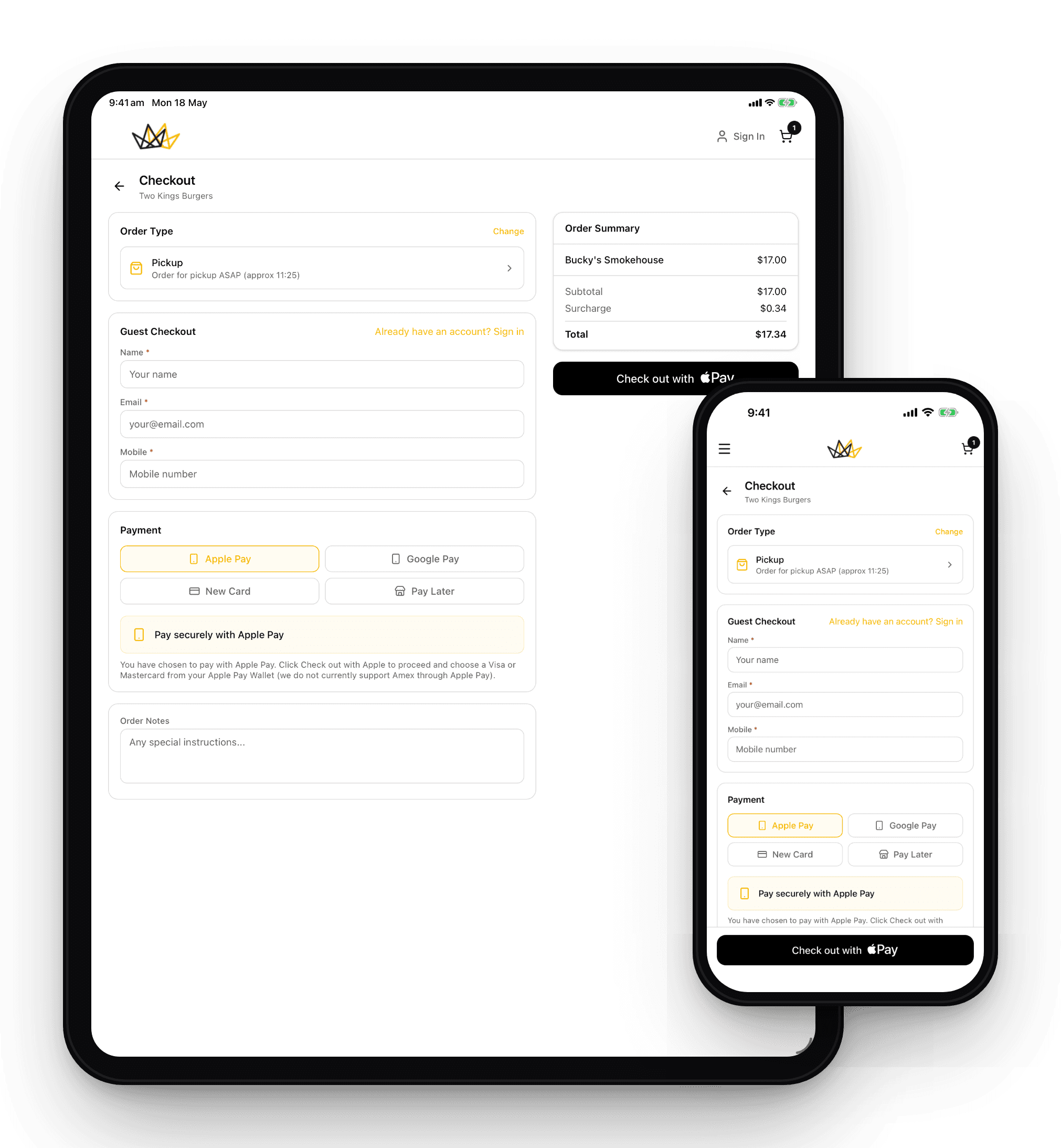 Secure checkout with Apple Pay in the Two Kings Burgers branded app on a tablet and phone