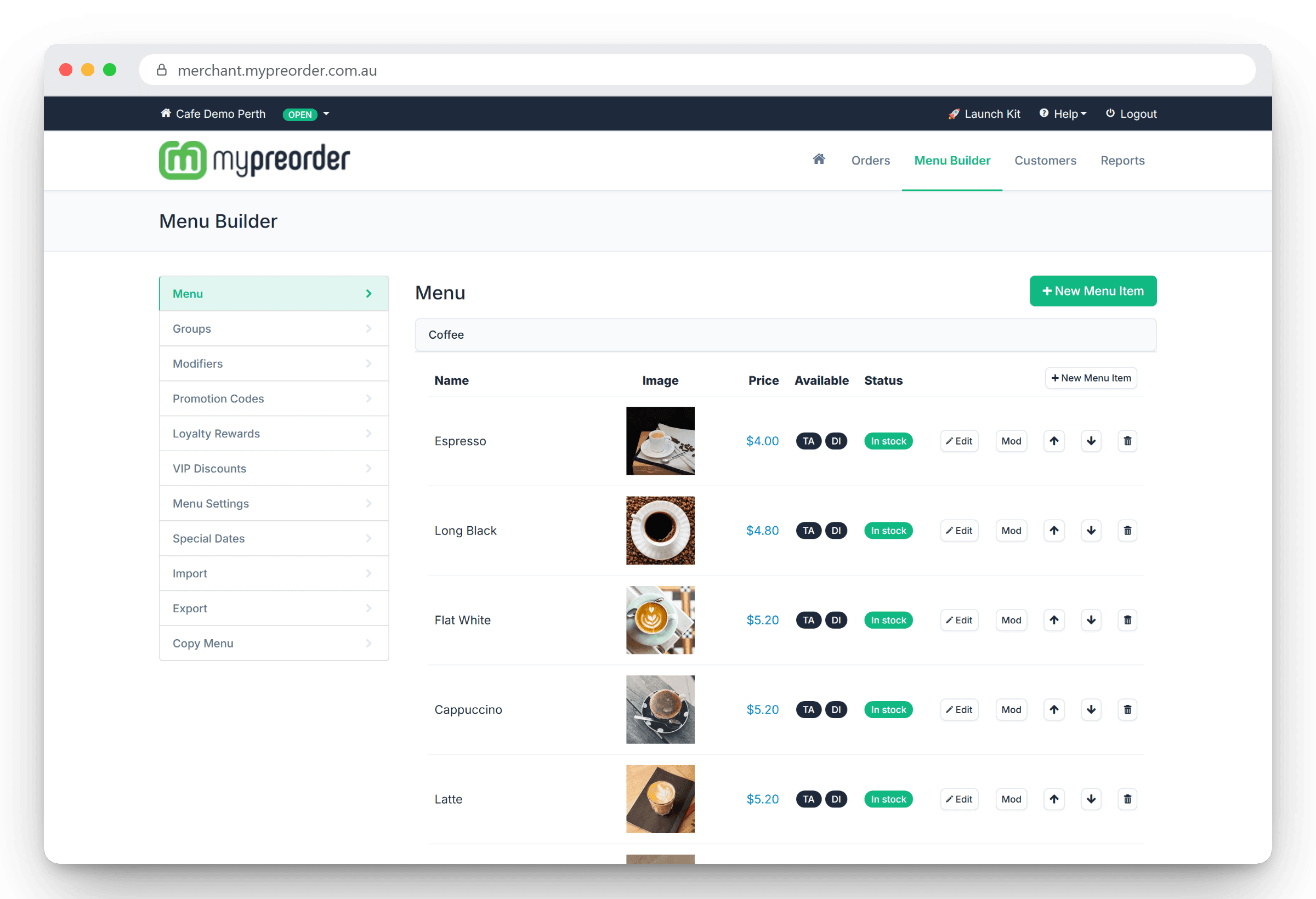 Merchant portal Menu Builder listing coffees with photos, prices, takeaway and dine-in availability and stock status