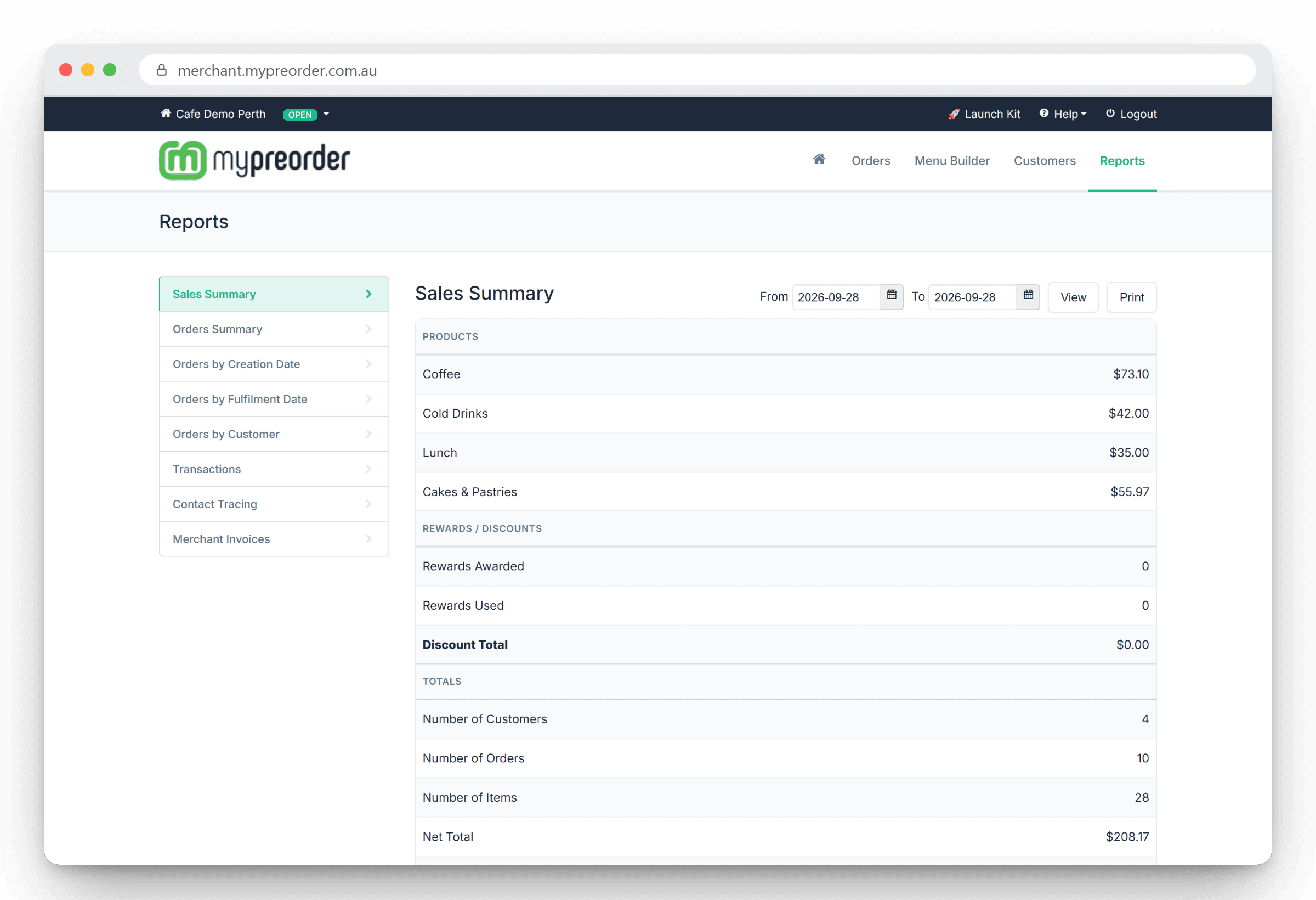 Merchant portal sales summary report by category with order and customer totals