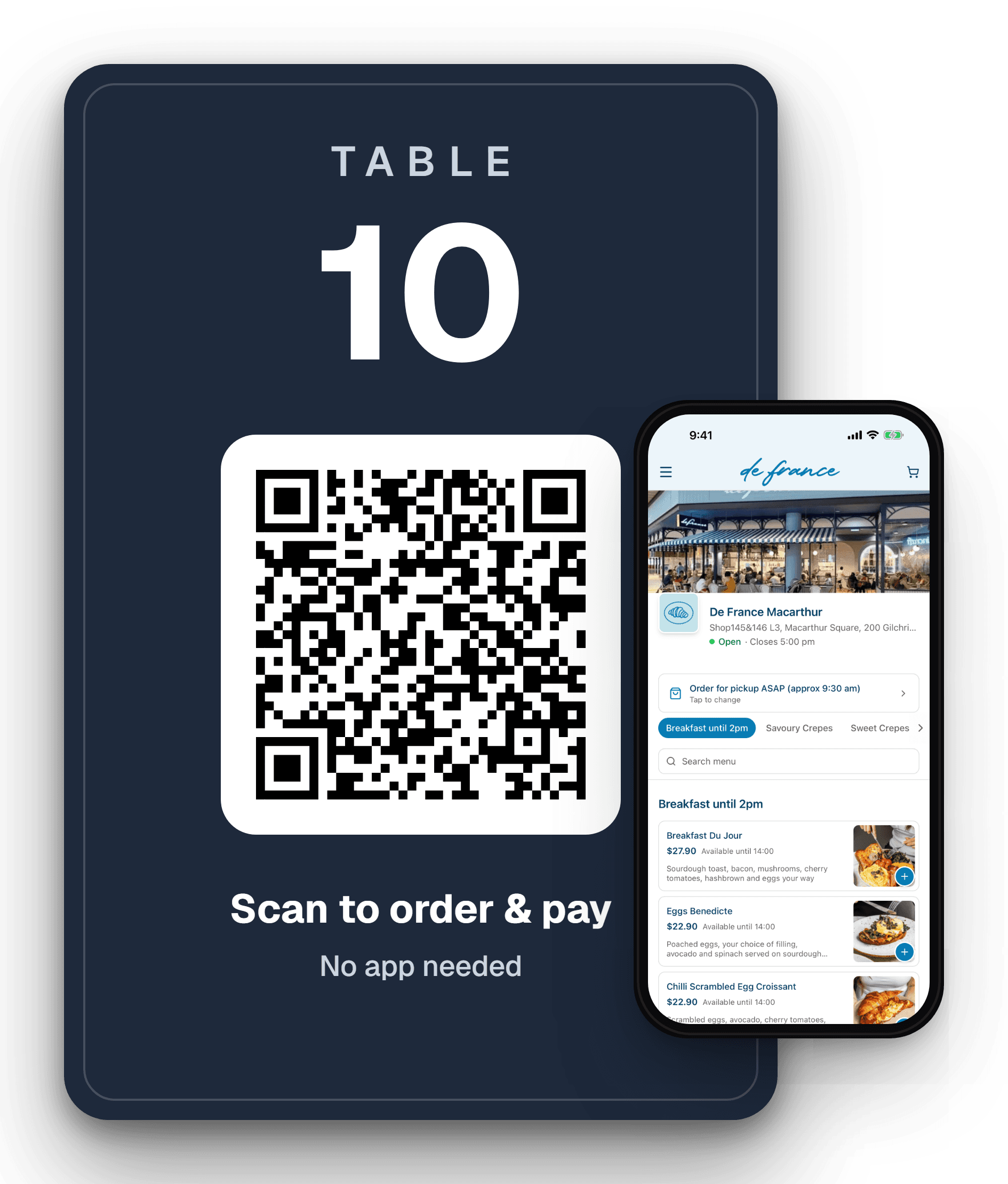 View larger A table card with a QR code to scan to order and pay, beside a phone showing De France's menu
