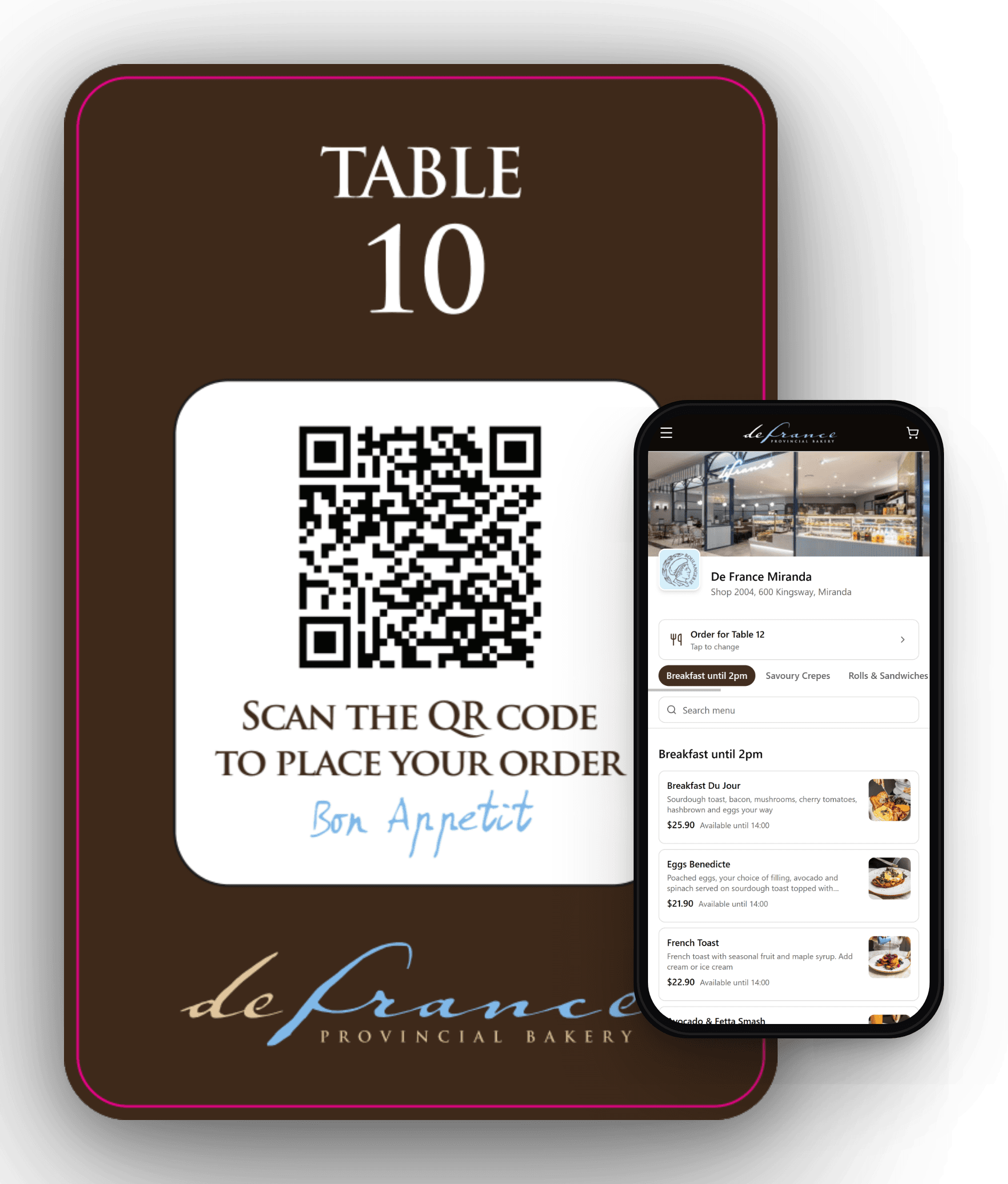 deFrance table QR code card beside a phone showing the dine-in ordering menu