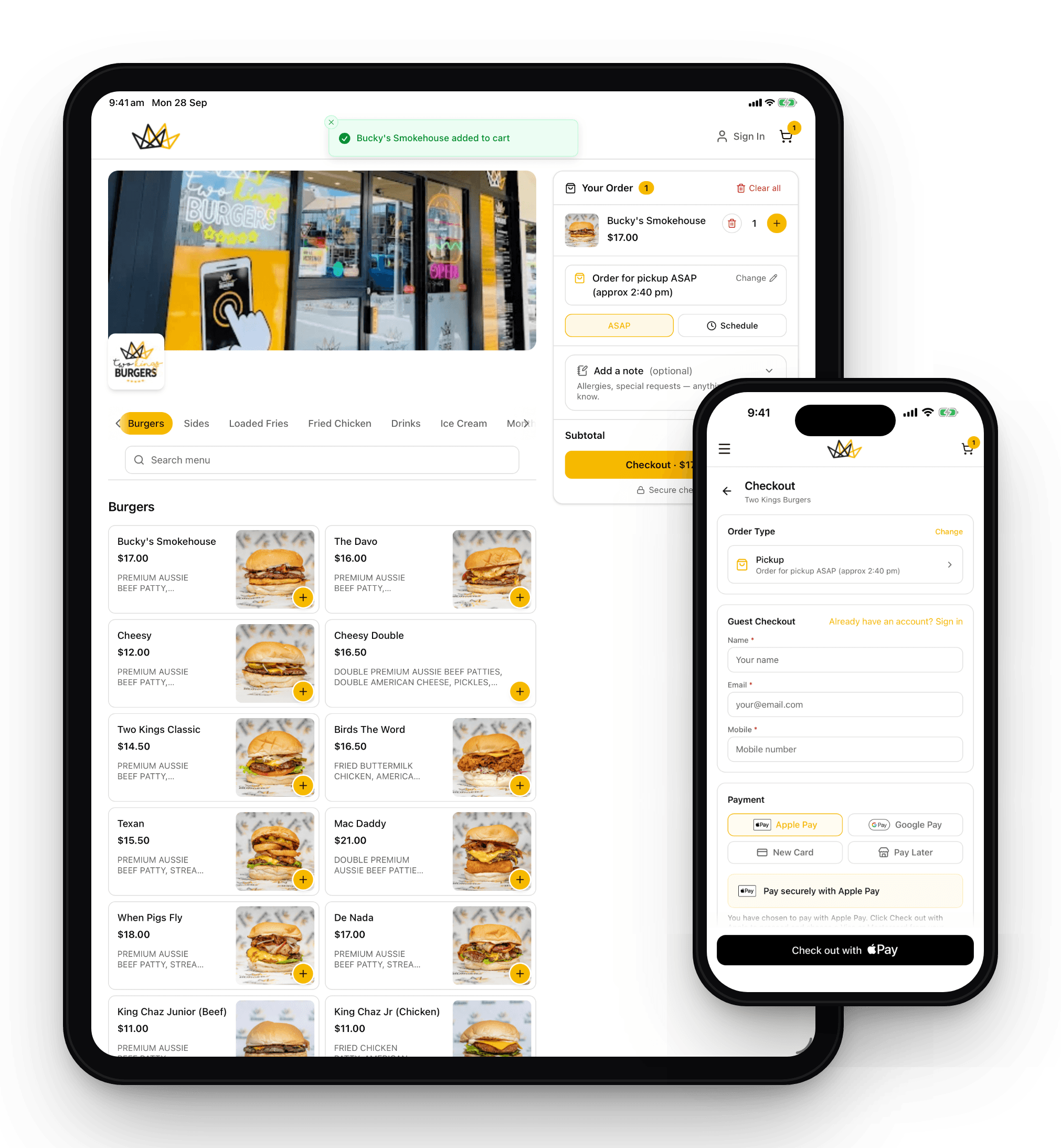 Two Kings Burgers order on a tablet and Apple Pay checkout on a phone