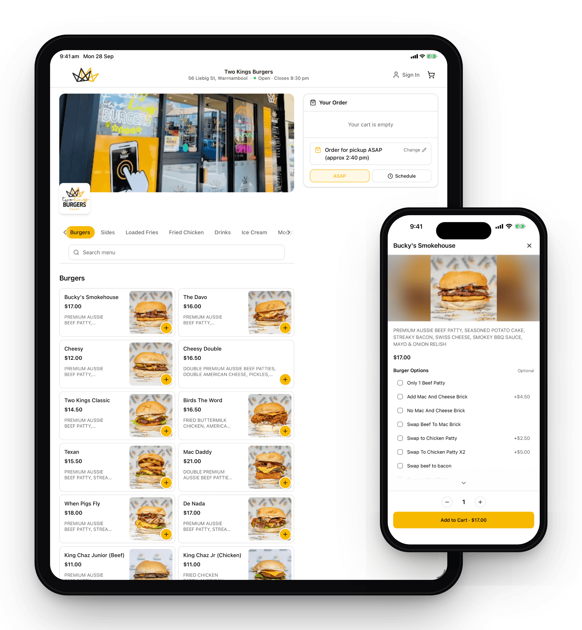 View larger Two Kings Burgers branded ordering menu on a tablet and product options on a phone