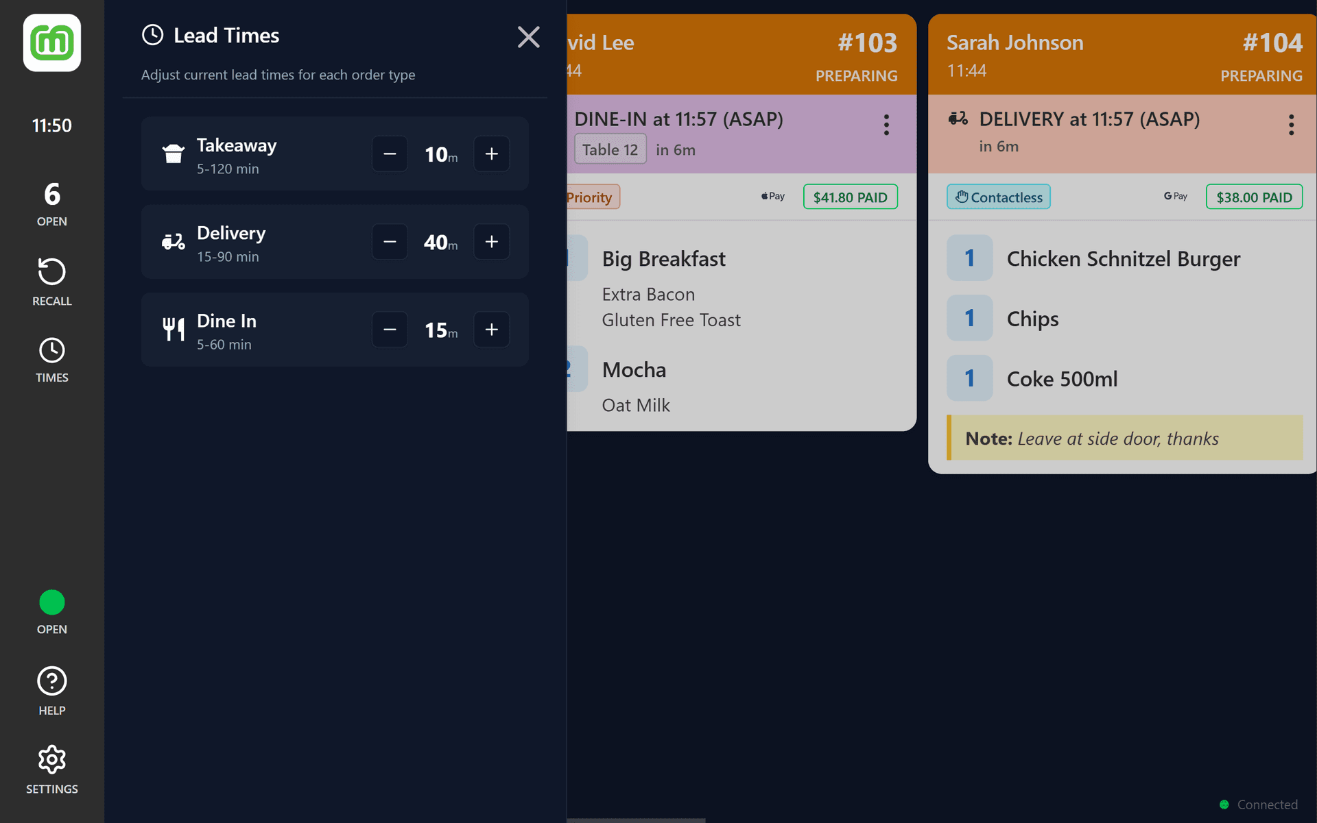 KDS lead time settings showing adjustable pickup, delivery and dine-in wait times