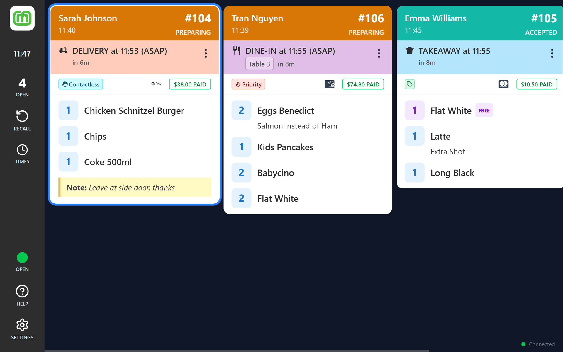 mypreorder Kitchen Display System dashboard showing real-time order cards on a tablet
