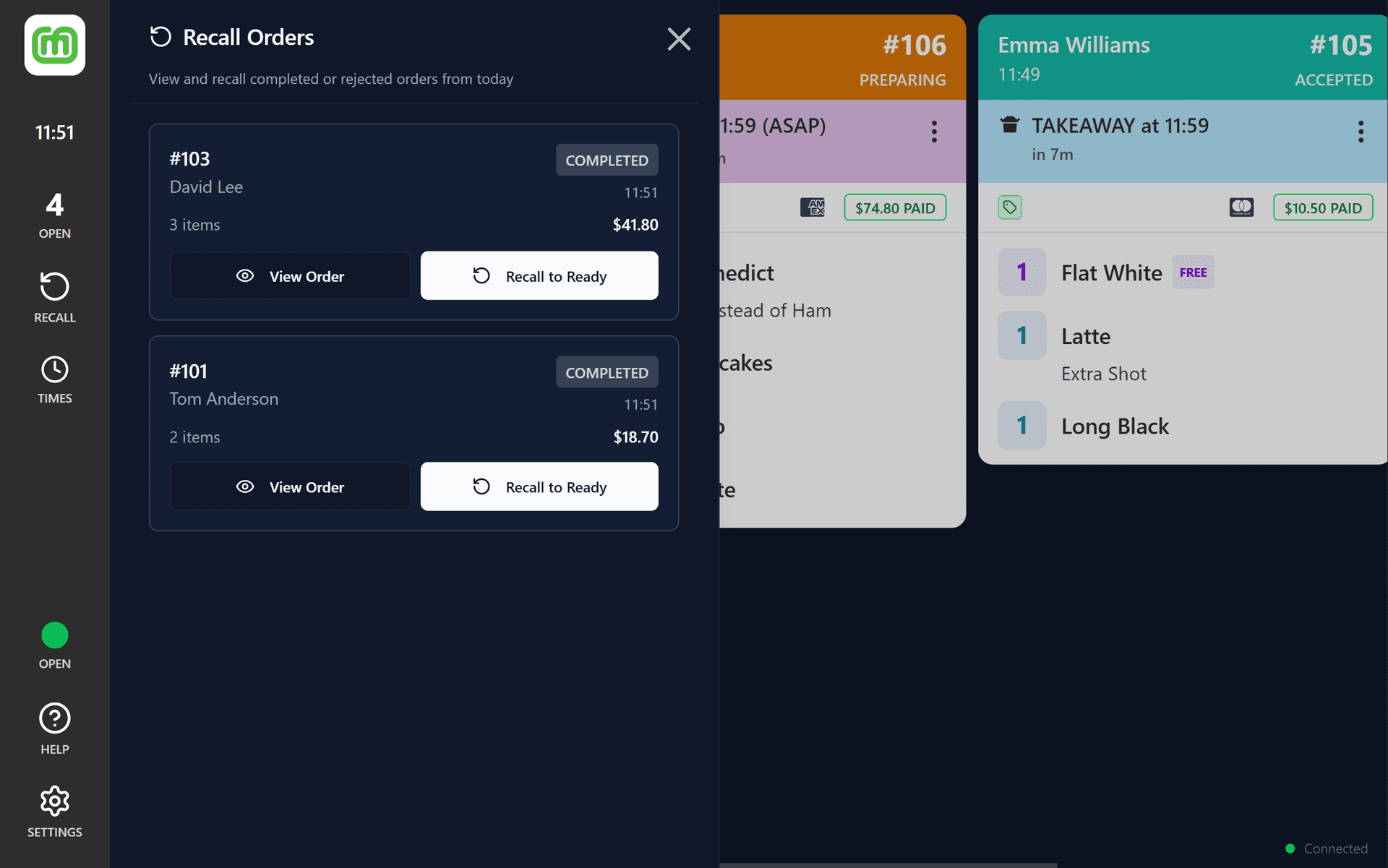 KDS recall screen showing completed and rejected orders that can be restored