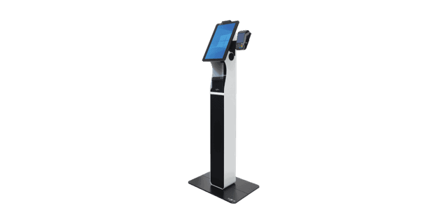 Freestanding self-ordering kiosk with a touch screen and EFTPOS cradle