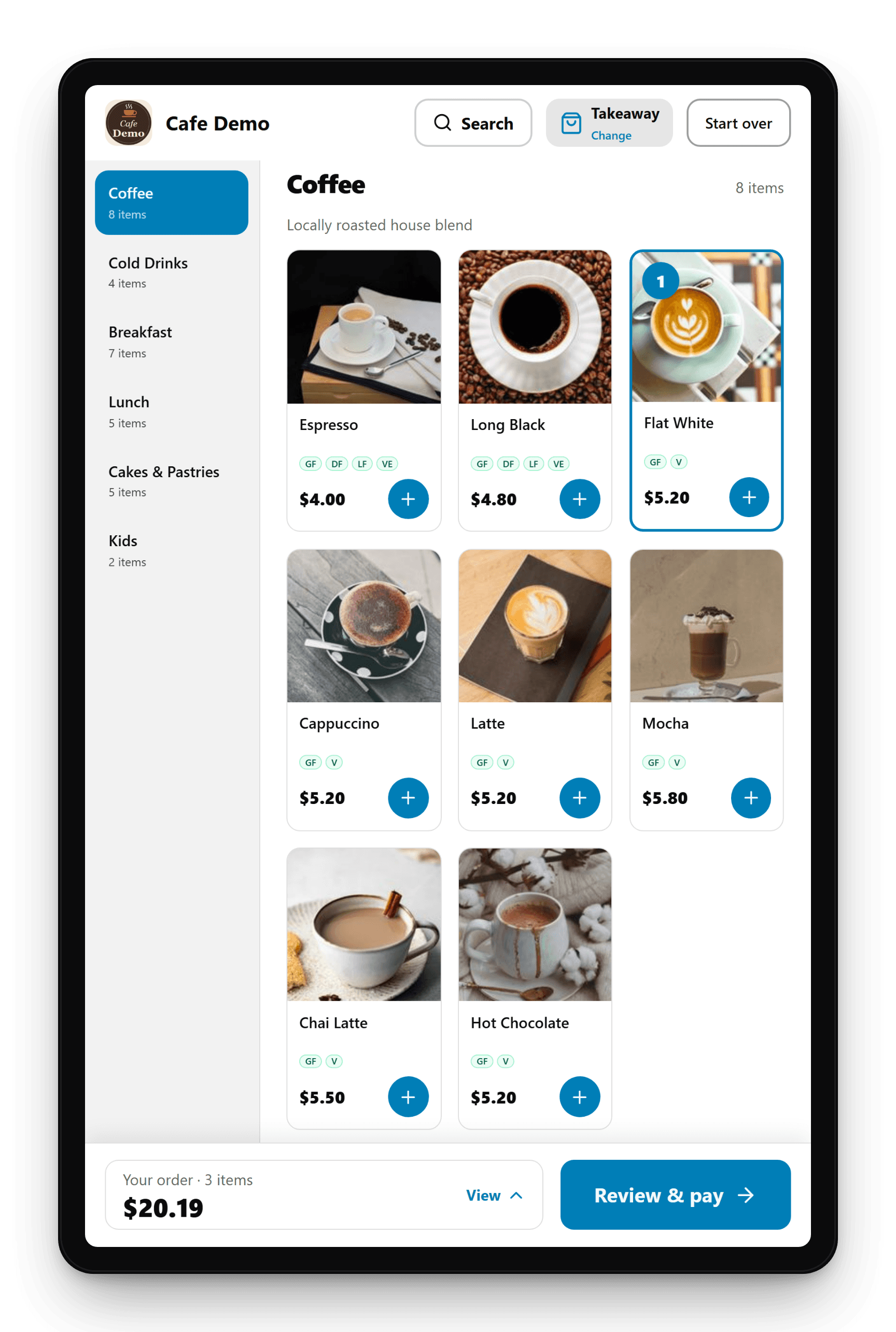 Self-ordering kiosk showing a cafe menu in portrait