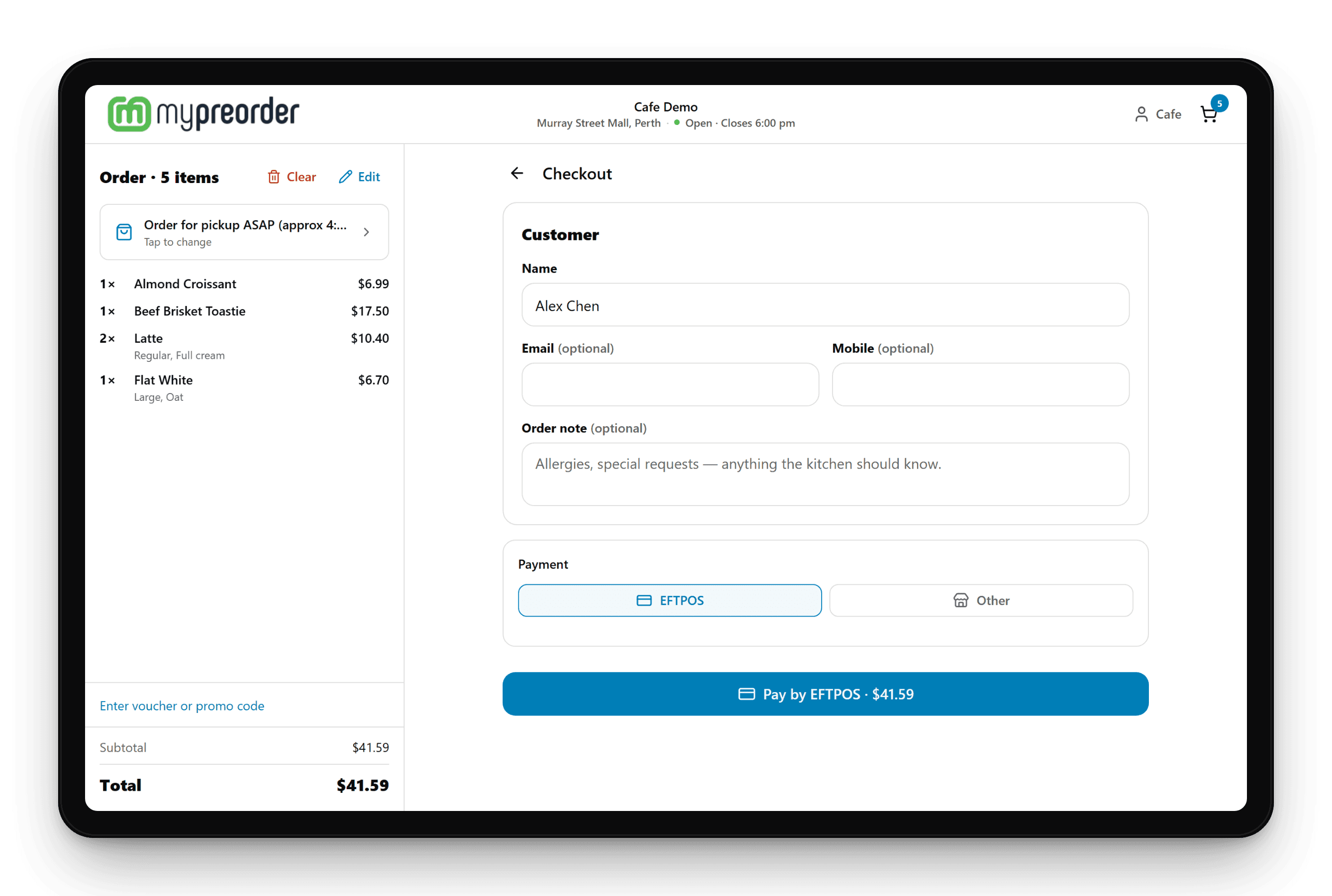 Online POS checkout with the customer's name, optional email and mobile, an order note, and EFTPOS or Other payment