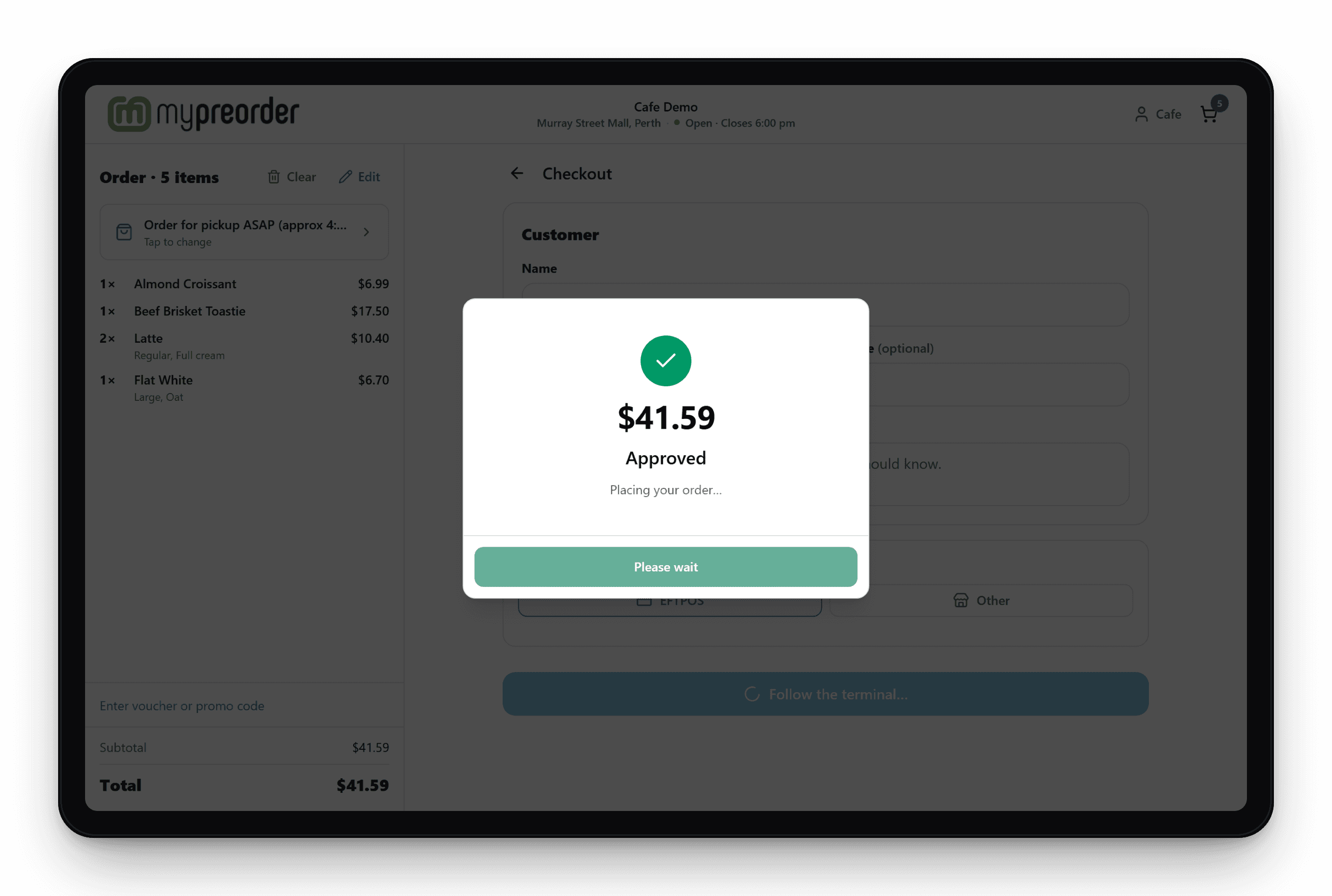 Online POS payment screen showing $41.59 Approved, placing your order