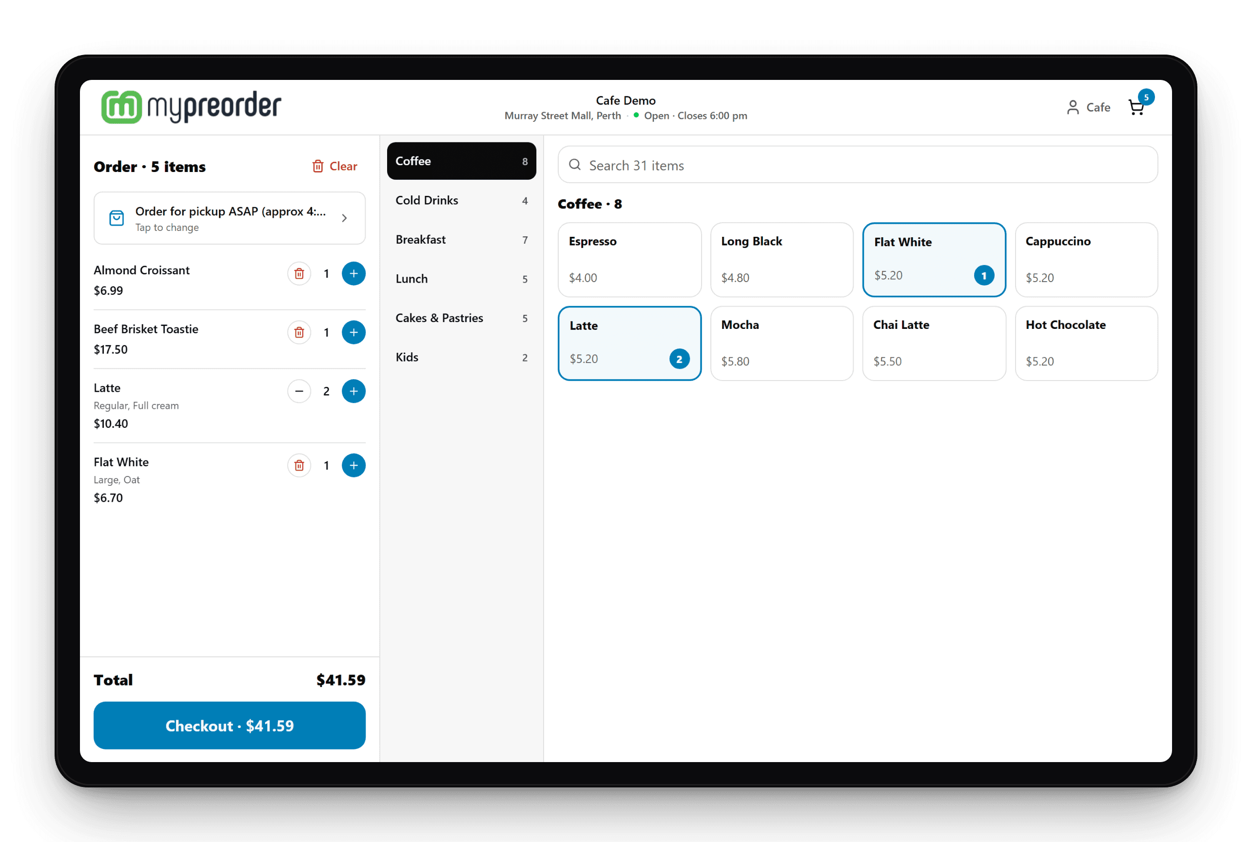 mypreorder point of sale (POS) on a tablet with the order ticket and item tiles