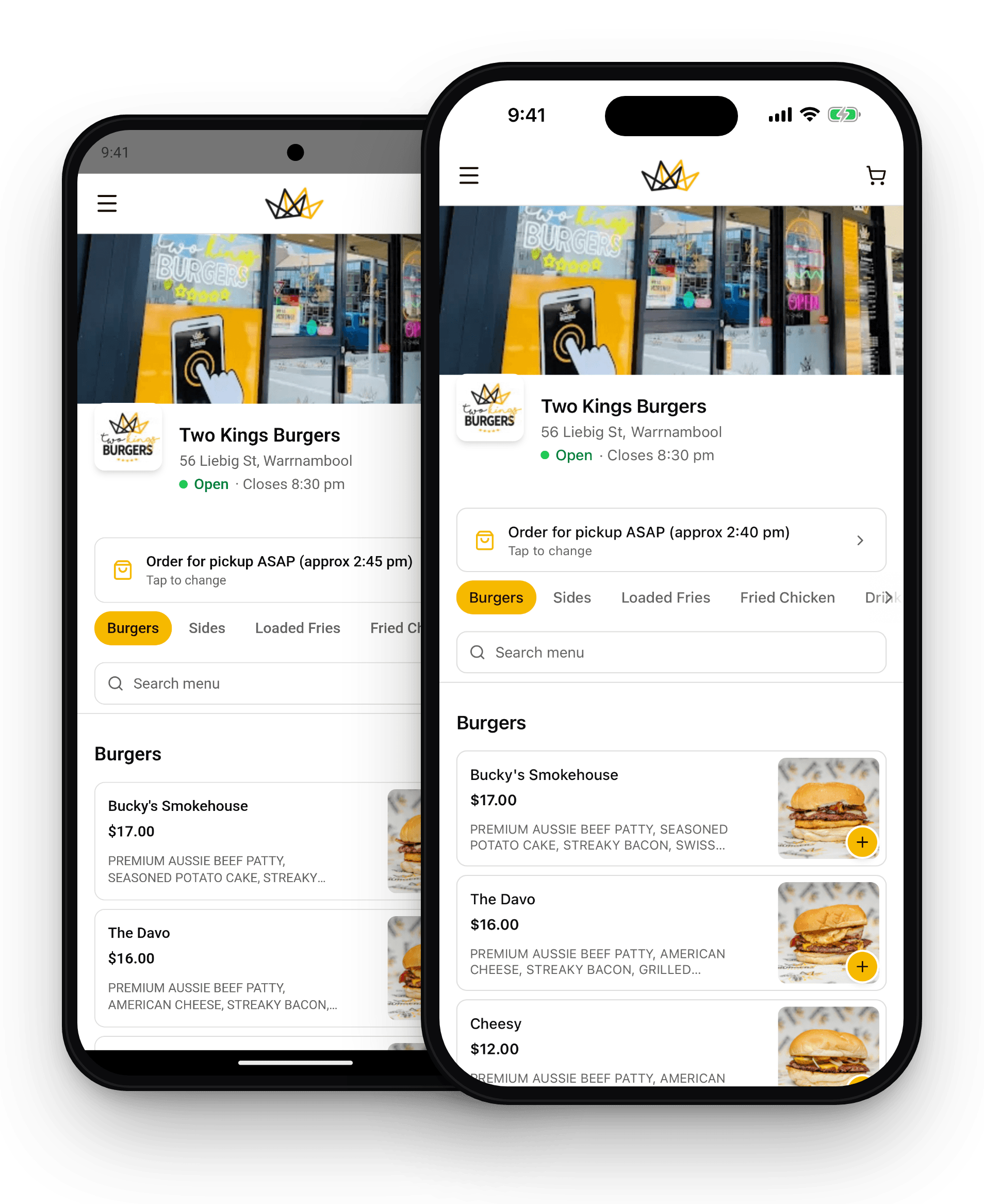 Two Kings Burgers branded ordering app on Android and iPhone, powered by mypreorder